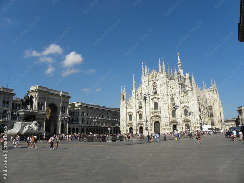 MILAN, ITALY - JULY 14, 2017: Piazza del Duomo (Cathedral Square) with Galleria Vittorio Emanuele. 