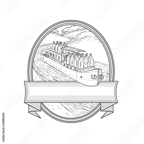 Gin Bottles on Barge River Oval Line Drawing
