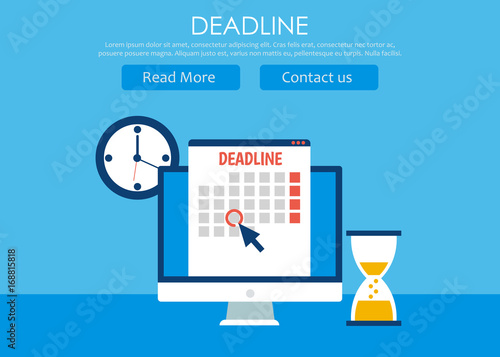 Dates and Deadlines banner. Computer with calendar, clock and hourglass