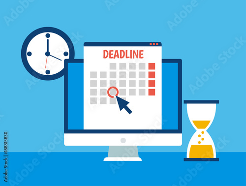 Dates and Deadlines banner. Computer with calendar, clock and hourglass photo