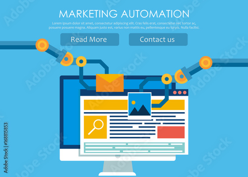 Marketing Automation. Computer with a site that builds the robot's hands.