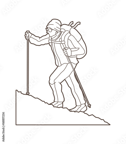 A man hiking on the mountain outline graphic vector