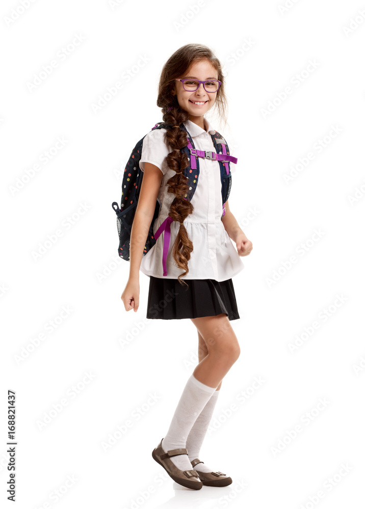 merry Schoolgirl with bag marching merry Schoolgirl with bag marching