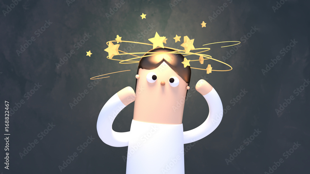 3d rendering picture of dizzy man with stars spinning over his