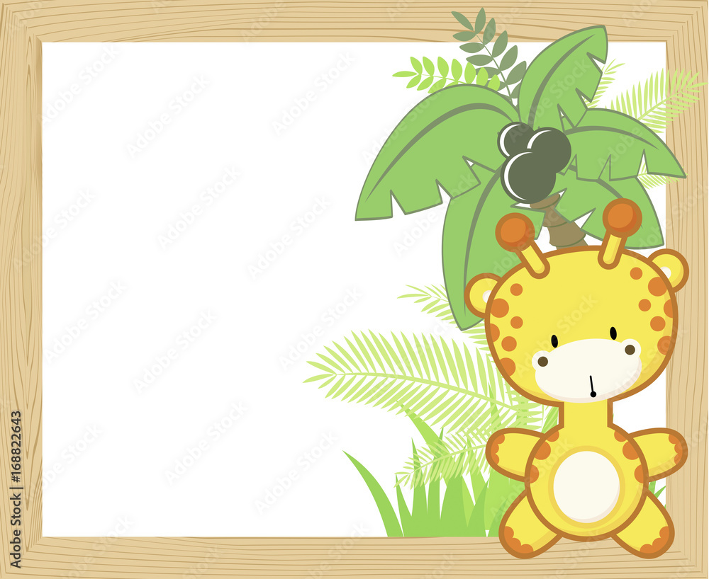 cute baby giraffe with tropical leaves and palm tree on empty wood frame for copy space, ideal for nursery art decoration or scrapbooking projects