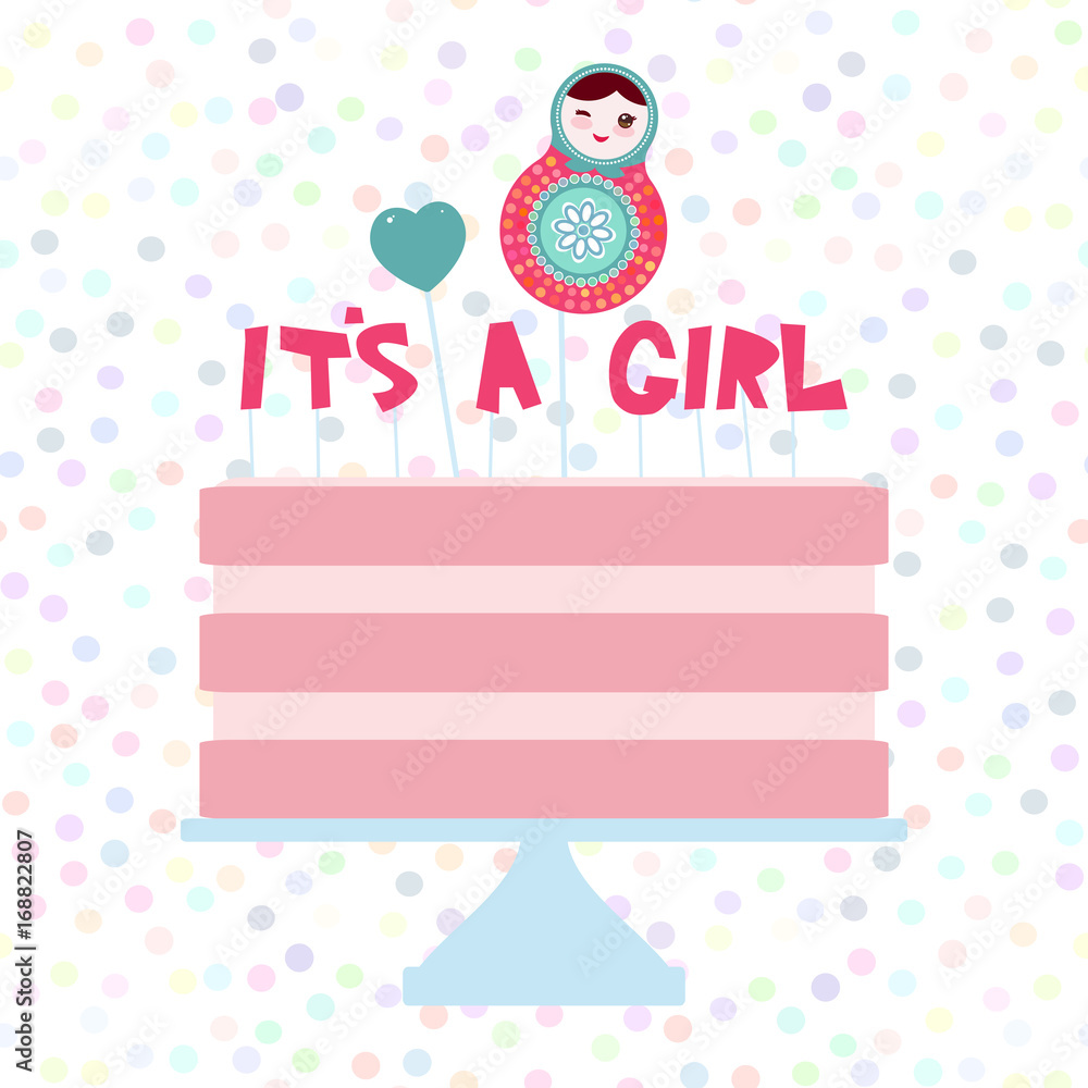 Naklejka premium Its a girl. Sweet pink cake, strawberry pink cream, matryoshka, heart. Baby shower banner design, card template, pastel colors on white polka dot background. Vector