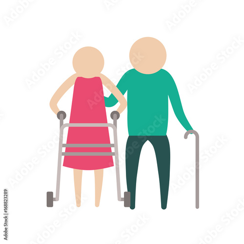 color silhouette pictogram elderly couple with walking sticks vector illustration
