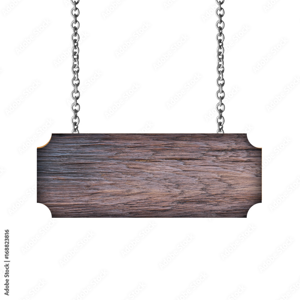 Wooden sign hanging on a chain isolated on white Wooden sign hanging on a chain isolated on white