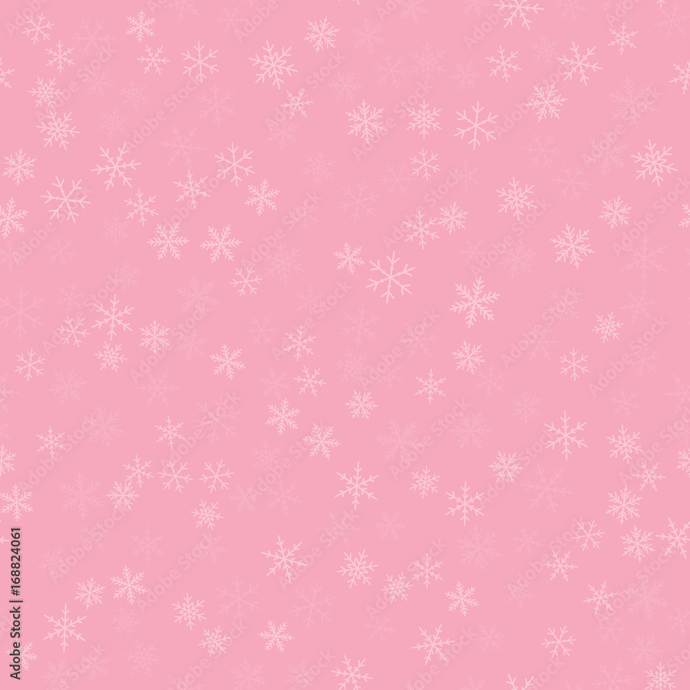 White snowflakes seamless pattern on pink Christmas background. Chaotic scattered white snowflakes. Impressive Christmas creative pattern. Vector illustration. White snowflakes seamless pattern on pink Christmas background. Chaotic scattered white snowflakes. Impressive Christmas creative pattern. Vector illustration.