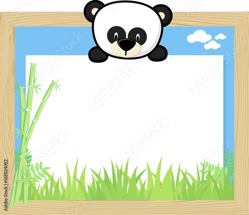 Fototapeta Naklejka Na Ścianę i Meble -  wood frame with cute baby panda and blank board for copy space, design for children