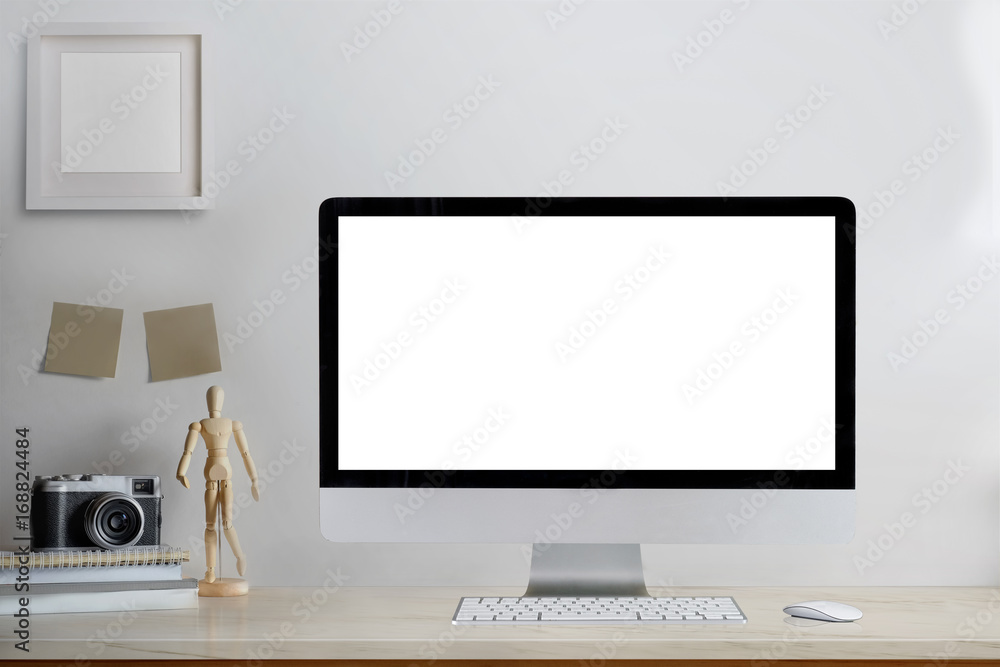 Modern home decor mock up desktop computer with camera, dummy, houseplant. Artist workspace. Modern home decor mock up desktop computer with camera, dummy, houseplant. Artist workspace.