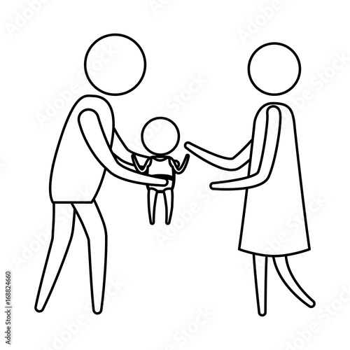 sketch silhouette of pictogram man carrying a baby and woman in dress vector illustration