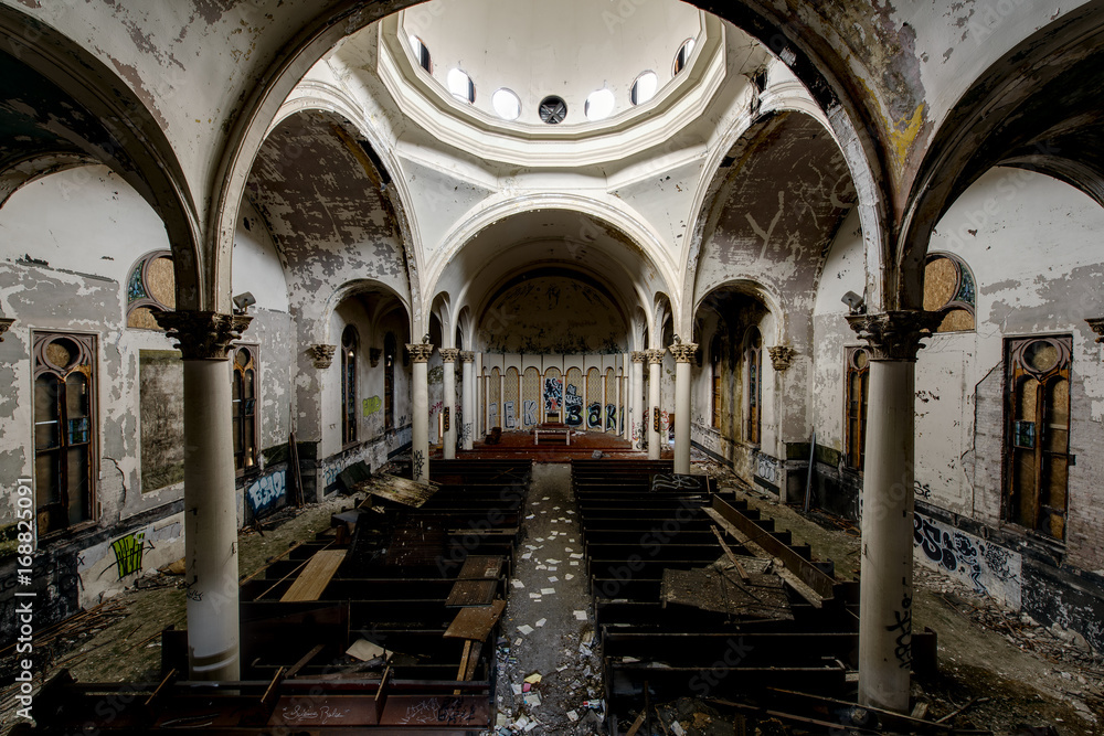 Impressive Center Dome with Overturned Pews & Garbage in Sanctuary - Abandoned Church