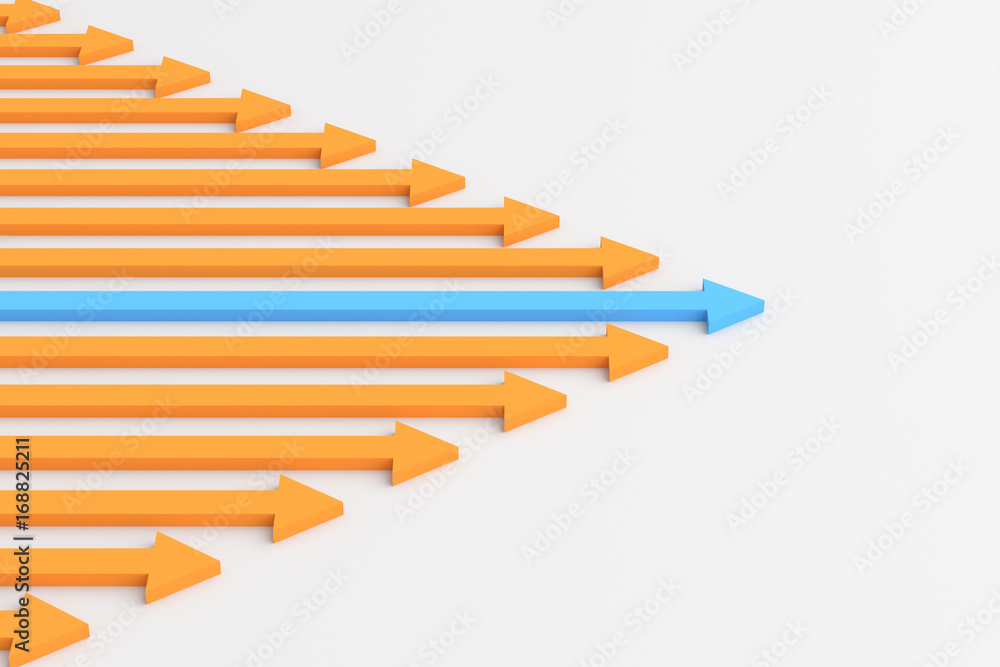 Leadership concept, blue leader arrow leading orange. 3D Rendering. Leadership concept, blue leader arrow leading orange. 3D Rendering.