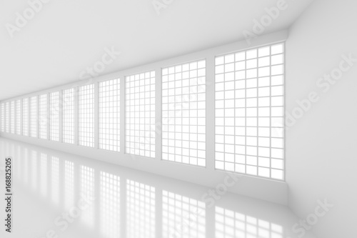 Futuristic empty white corridor with bright lights from windows and glossy floor. 3D Rendering.