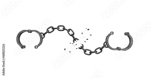 3d rendering of open arm shackles hanging on white background with a broken chain. photo