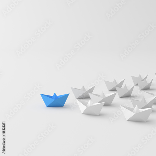 Fototapeta Naklejka Na Ścianę i Meble -  Leadership concept, blue leader boat, leading whites. 3D Rendering.
