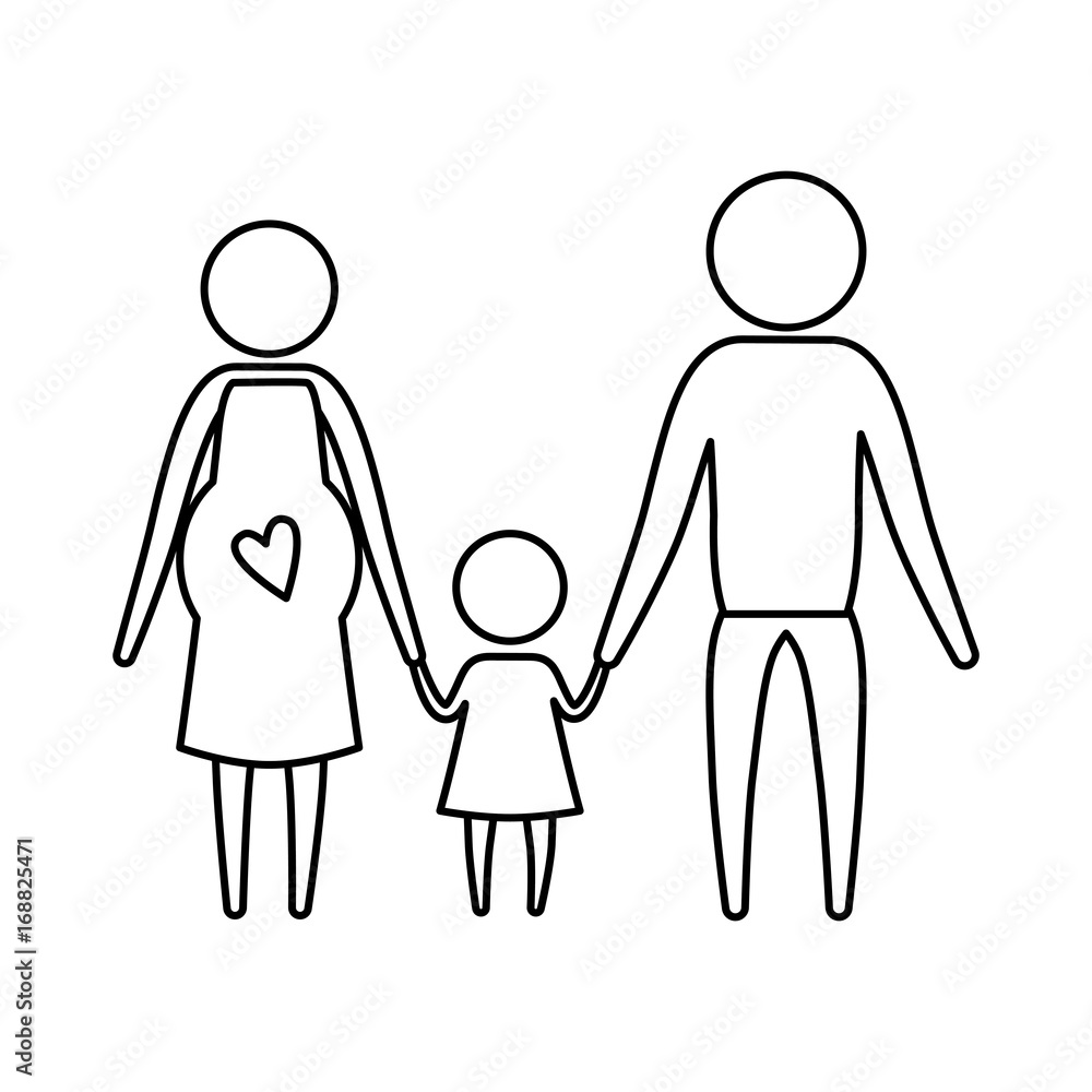 sketch silhouette of pictogram parents with mother pregnancy and little girl holding hands sketch silhouette of pictogram parents with mother pregnancy and little girl holding hands