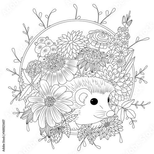Vector illustration hedgehog with flowers. Coloring book anti stress for adults. Black and white
