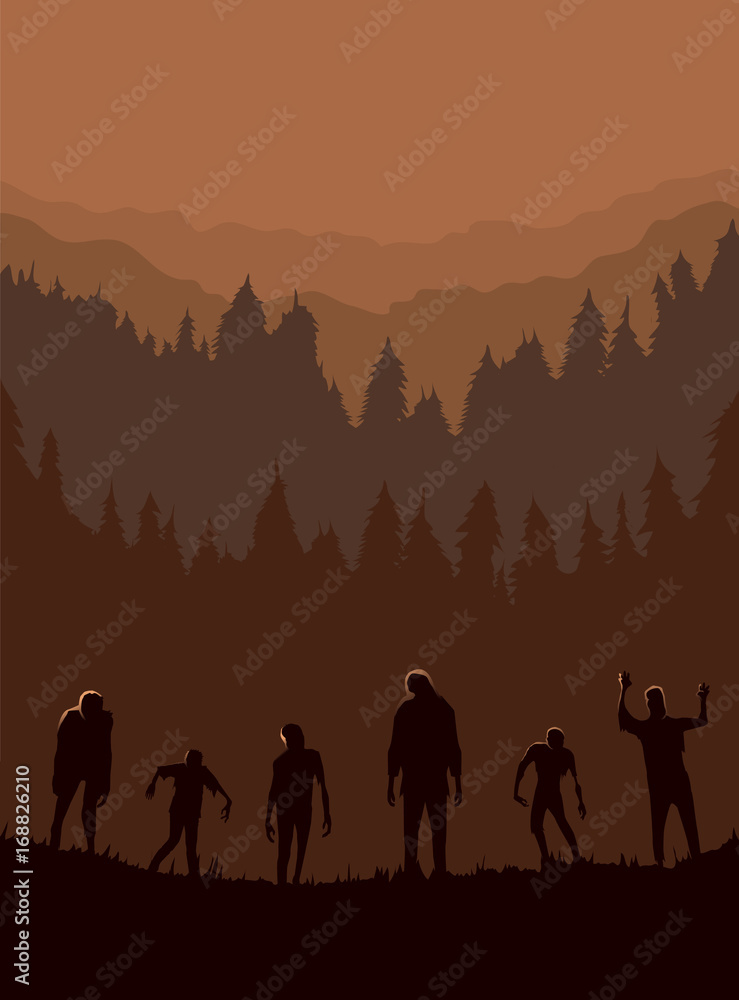 Fototapeta premium Silhouette of Zombie horde was exiting out of the graveyard at night. Ideal for Halloween theme poster and other.