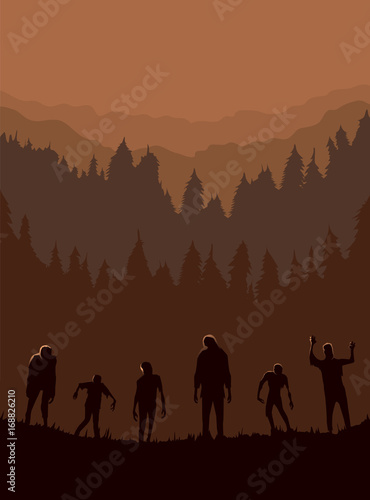 Принти на полотні Silhouette of Zombie horde was exiting out of the graveyard at night