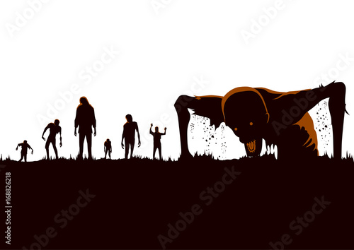 Silhouette of Zombie hordes rising out of the ground isolated on white.