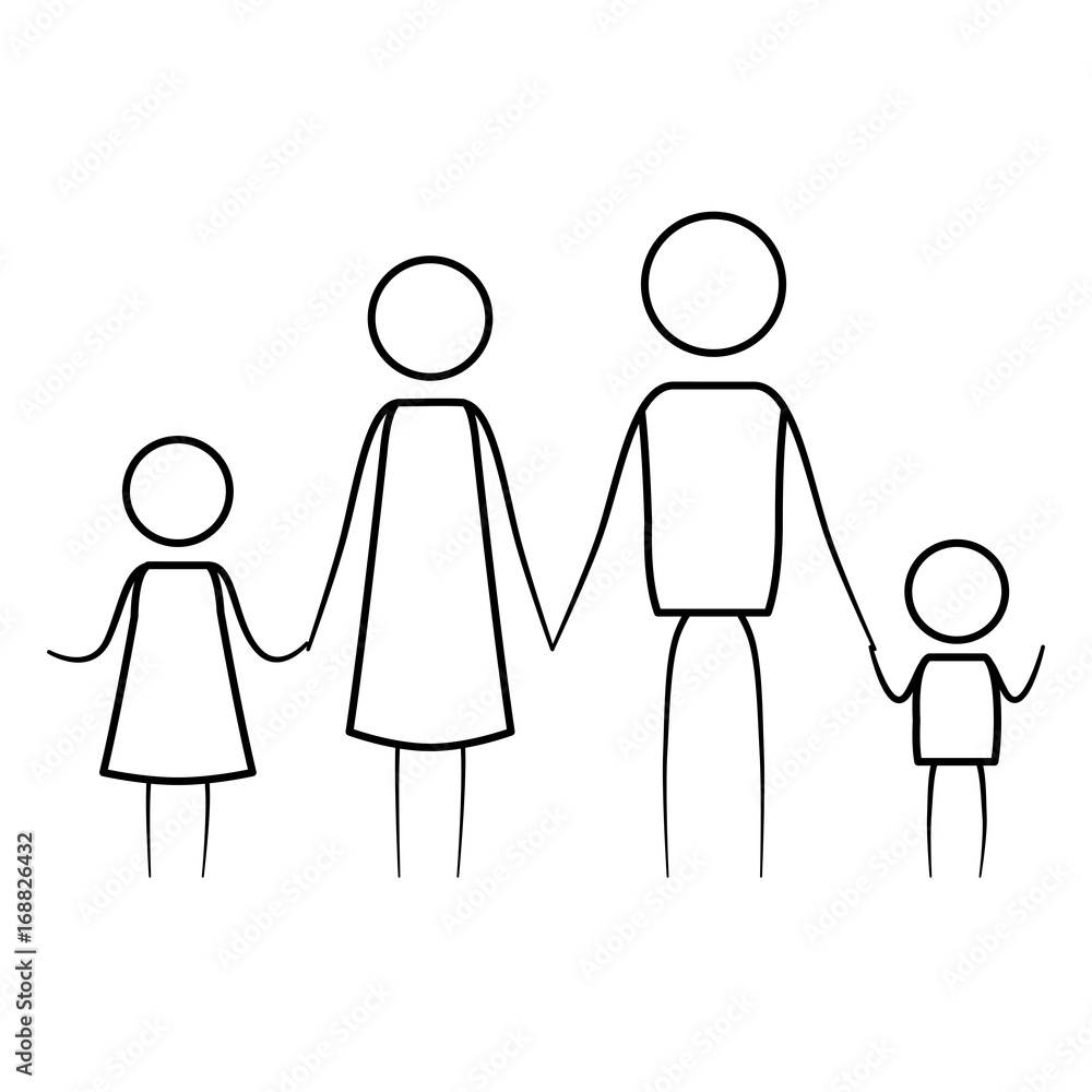sketch thin contour of pictogram parents with a girl and little boy holding hands sketch thin contour of pictogram parents with a girl and little boy holding hands