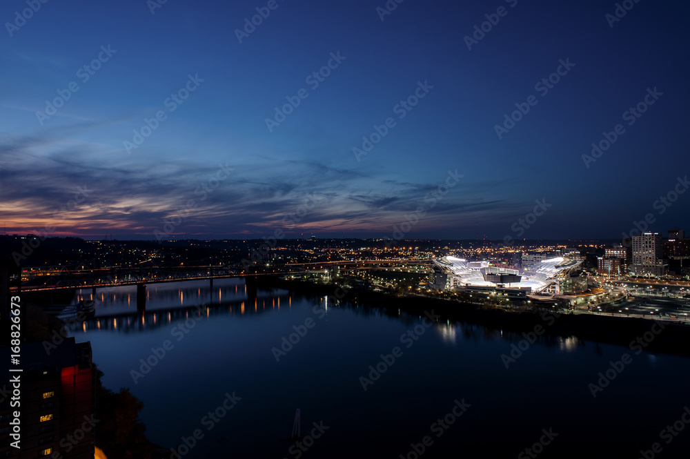 Ohio River and Football Stadium at Sunset - Cincinnati, Ohio