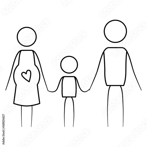 sketch thin contour of pictogram parents with mother pregnancy and boy holding hands