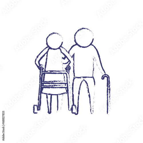 blurred blue silhouette of pictogram elderly couple with in assistence walker and stick in clothes photo