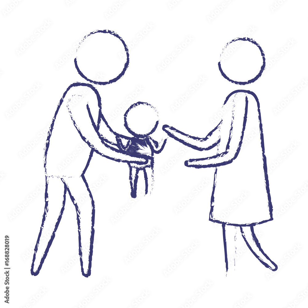 blurred blue silhouette of pictogram man carrying a baby and woman in dress vector illustration blurred blue silhouette of pictogram man carrying a baby and woman in dress vector illustration