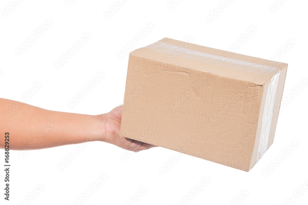man hand holding package box isolated on white background man hand holding package box isolated on white background