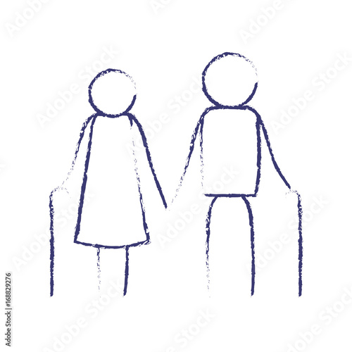 blurred blue contour of pictogram elderly couple with walking sticks vector illustration
