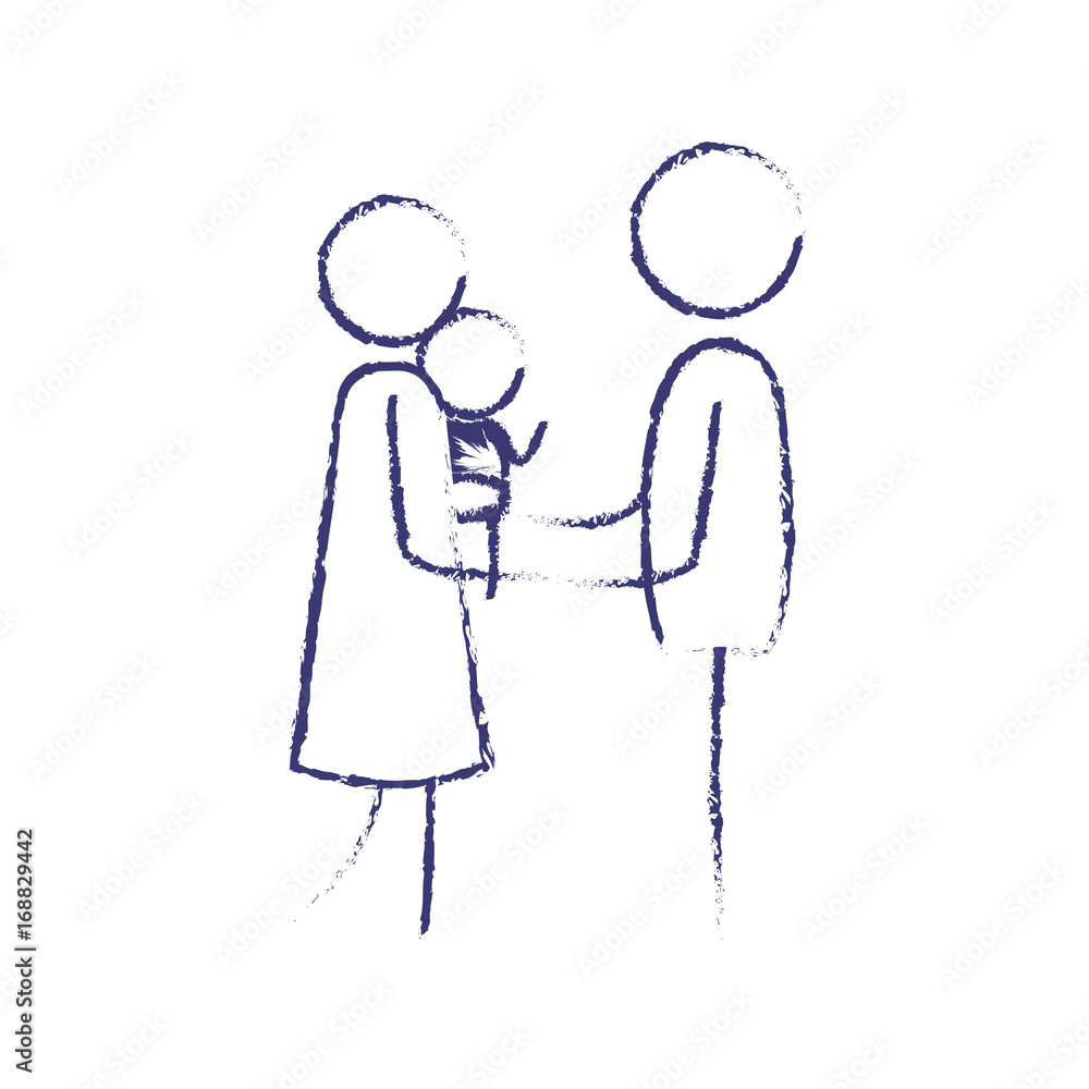 blurred blue contour of pictogram woman carrying a baby and holding hands of man in clothes vector illustration blurred blue contour of pictogram woman carrying a baby and holding hands of man in clothes vector illustration
