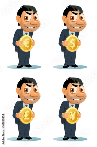 Funny man in a suit holds coin. Dollar, euro, yen, pound sterling. Cartoon styled vector illustration. Elements is grouped. Isolated on white. No transparent objects.