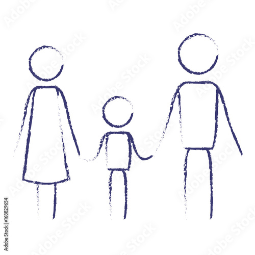 blurred blue contour of pictogram parents with a boy holding hands in clothes vector illustration