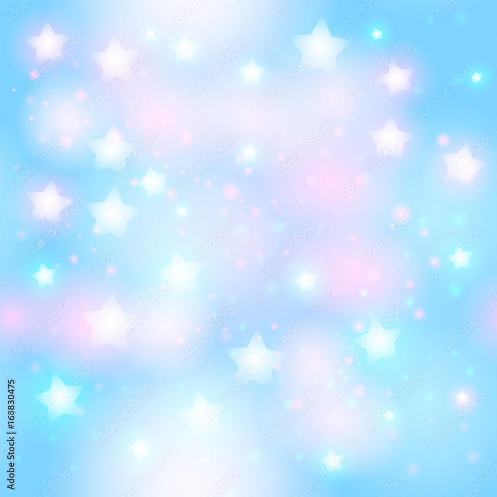 Abstract starry seamless pattern with neon star on bright pink and light blue background. Galaxy Night sky with stars. Vector