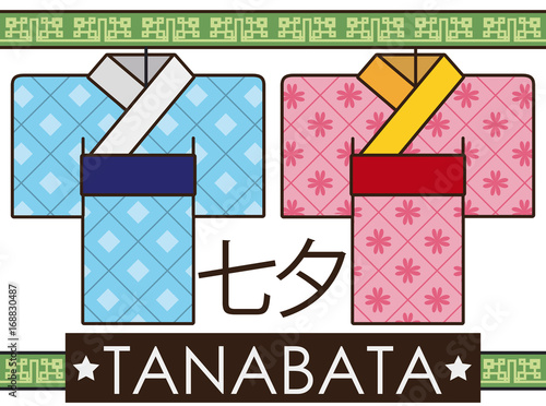 Male and Female Paper Kimonos in Flat Style for Tanabata, Vector Illustration photo