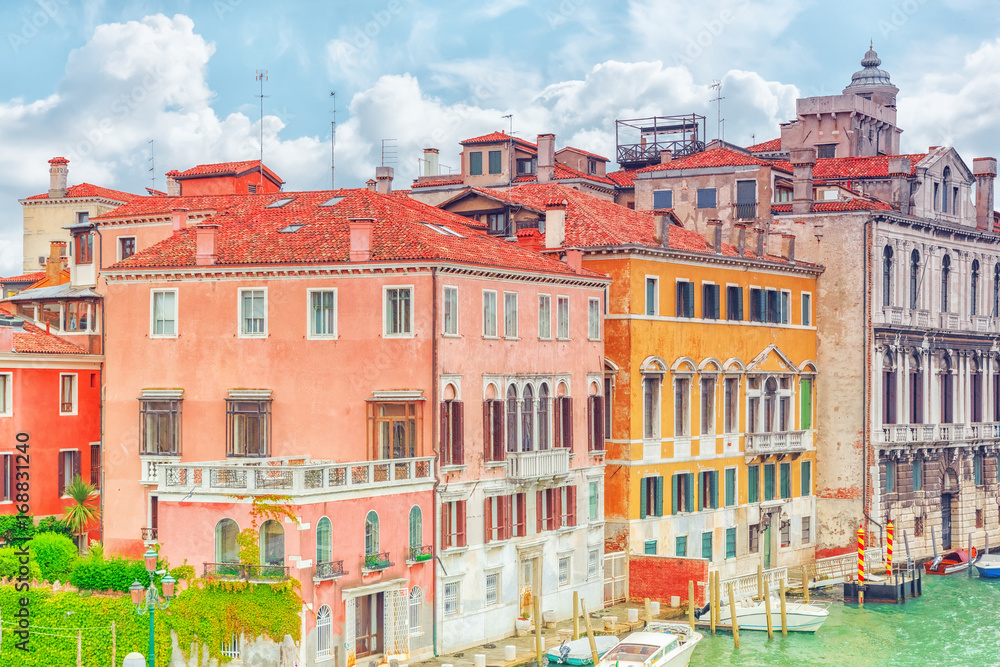 Views of the most beautiful canal of Venice - Grand Canal water streets, boats, gondolas, mansions along. Italy.