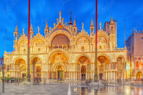 Square of the Holy Mark (Piazza San Marco) and St. Mark's Cathedral (Basilica di San Marco) at the night time. Venice, Italy.