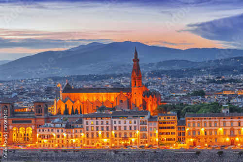 Basilica of Santa Croce (Basilica di Santa Croce di Firenze) on Holy Cross Square (Piazza di Santa Croce) in Florence. Night view.