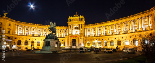 The Night Scene of the Equestrian Statue of Austrian Hero: Prince Eugene of Savoy, the victor over the Turks in 17th century, in Heldenplatz (Heroes' Square), in front of Hofburg, Vienna, Austria