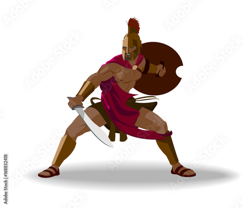 Angry spartan warrior with armor and hoplite shield holding a sword