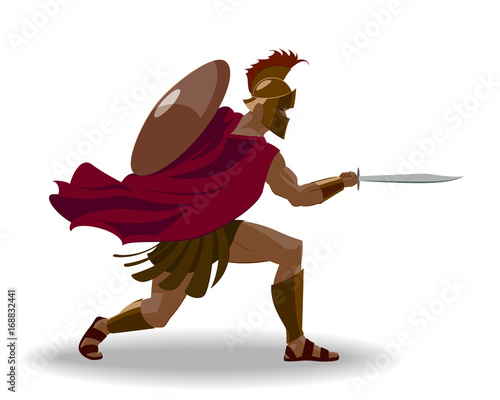Angry spartan warrior with armor and hoplite shield holding a sword