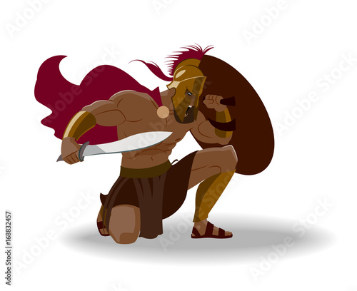 Angry spartan warrior with armor and hoplite shield holding a sword
