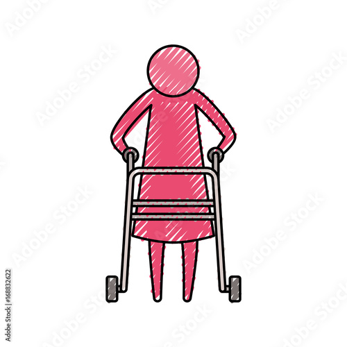color crayon silhouette pictogram elderly woman in assistance walker vector illustration