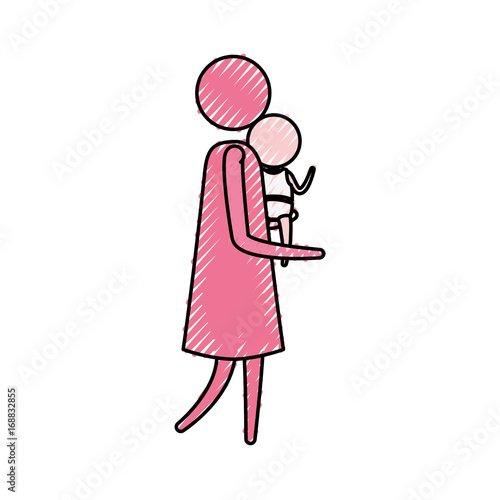 color crayon pink silhouette pictogram side view woman with little baby in arms vector illustration