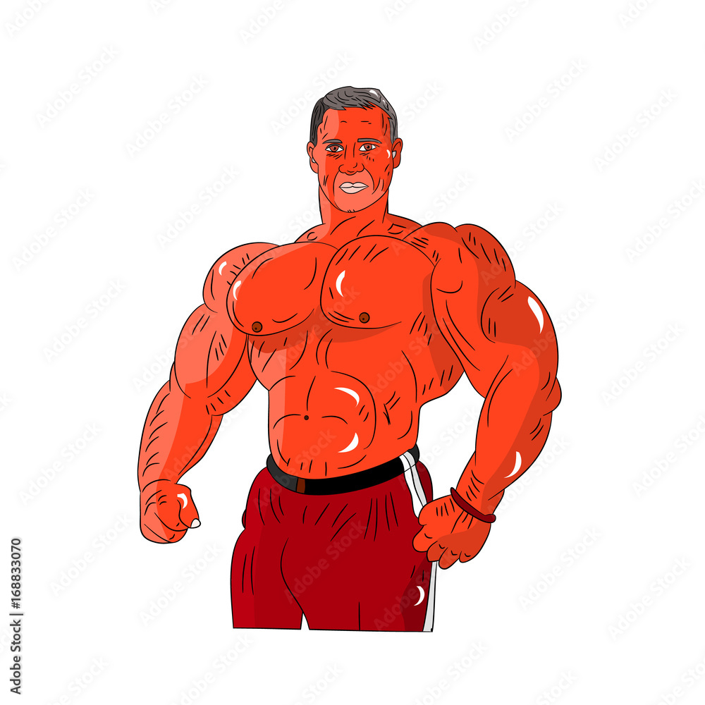 Male bodybuilder of orange style, strong muscles, cartoon on white  background. Stock Vector | Adobe Stock