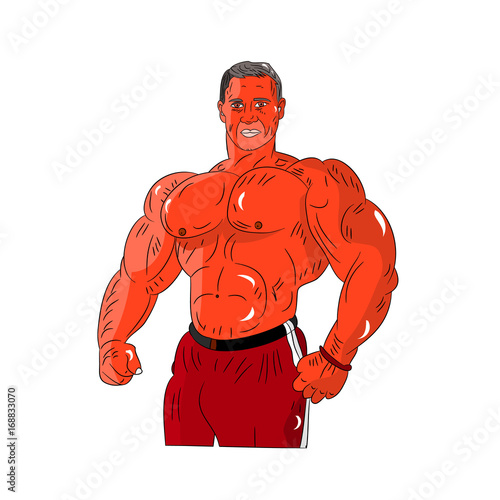 Male bodybuilder of orange style, strong muscles, cartoon on white background.