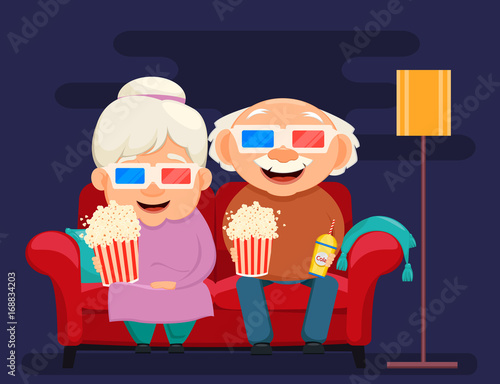 Grandparents day greeting card. Grandmother and grandfather watching movie at home.
